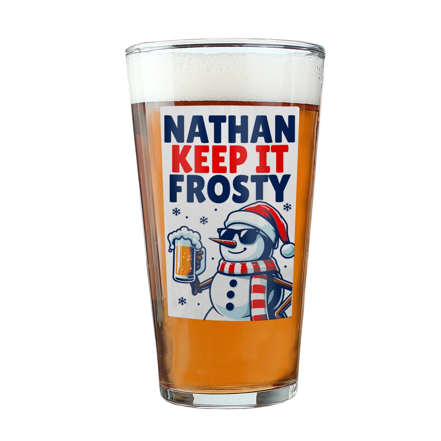 Glass with a snowman design and text 'Nathan Keep It Frosty' on a white background