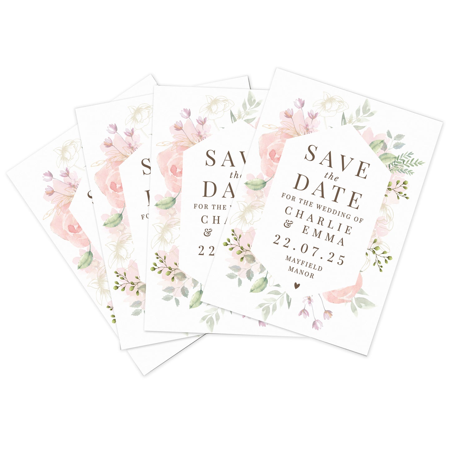 Set of 'Save the Date' cards with floral designs on a white background