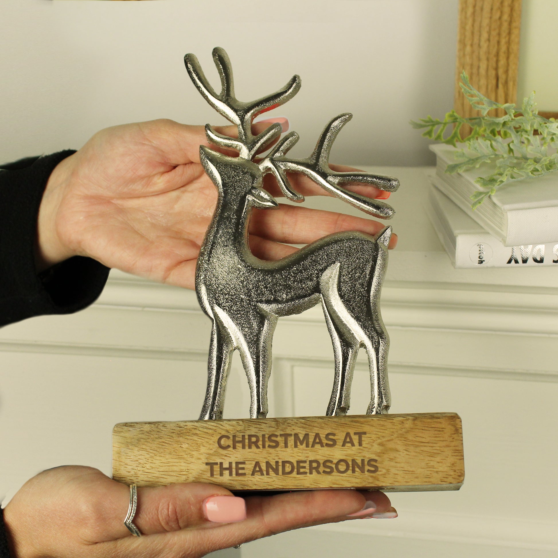 Decorative reindeer ornament with a wooden base reading 'Christmas at The Andersons' held by a person.