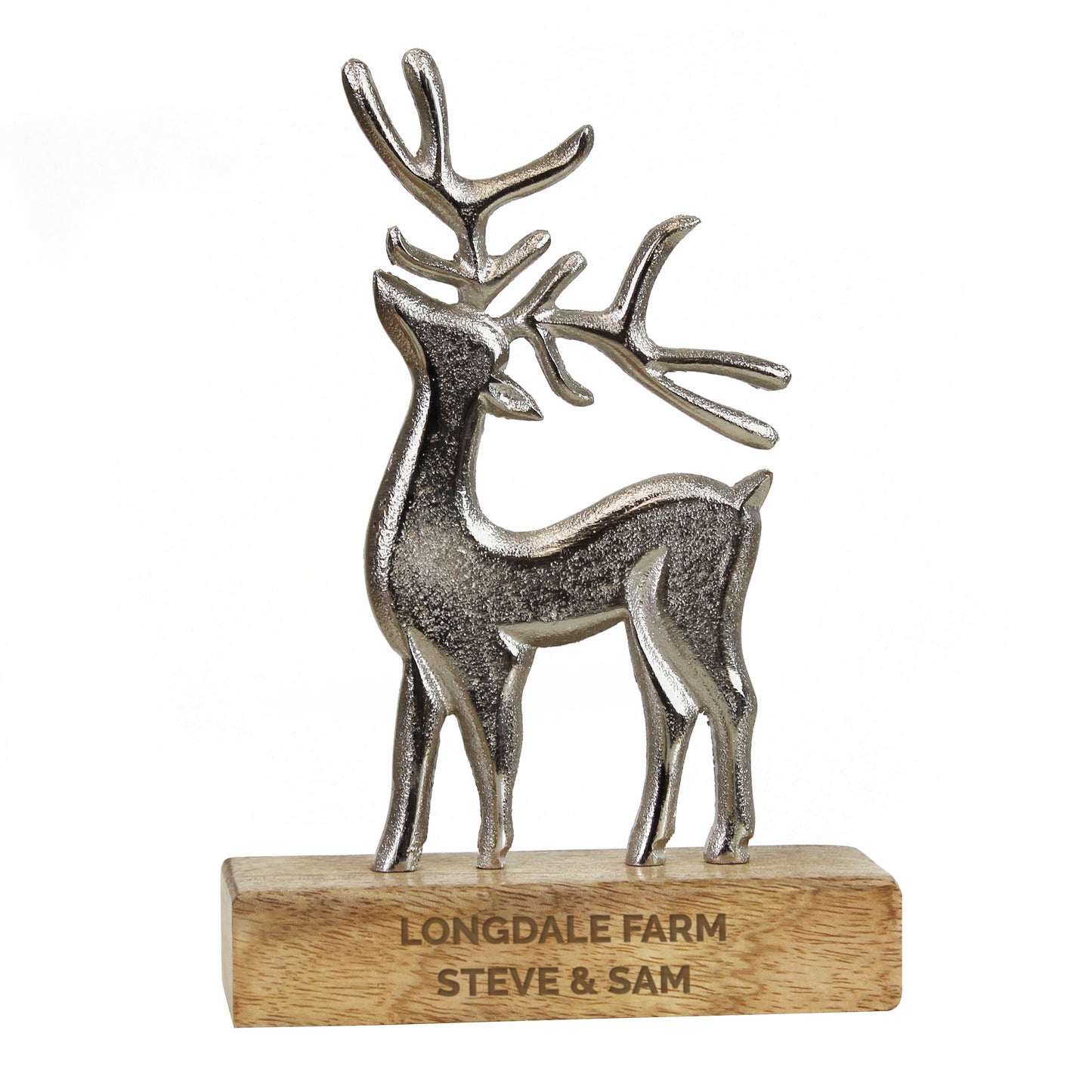 Decorative deer figure on a wooden base with 'Longdale Farm Steve & Sam' engraving.