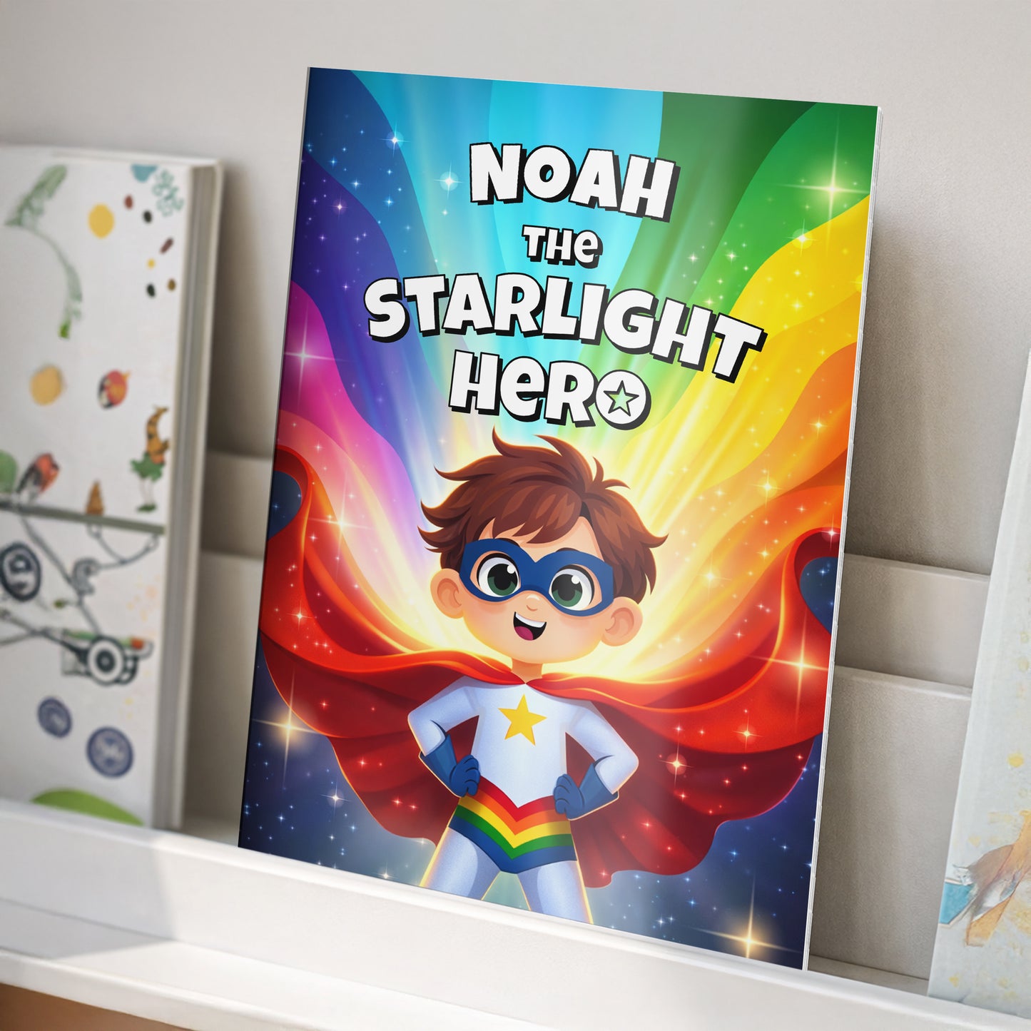 Children's book with a superhero character on a colourful background