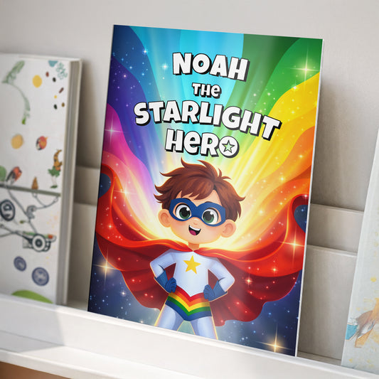 Children's book with a superhero character on a colourful background