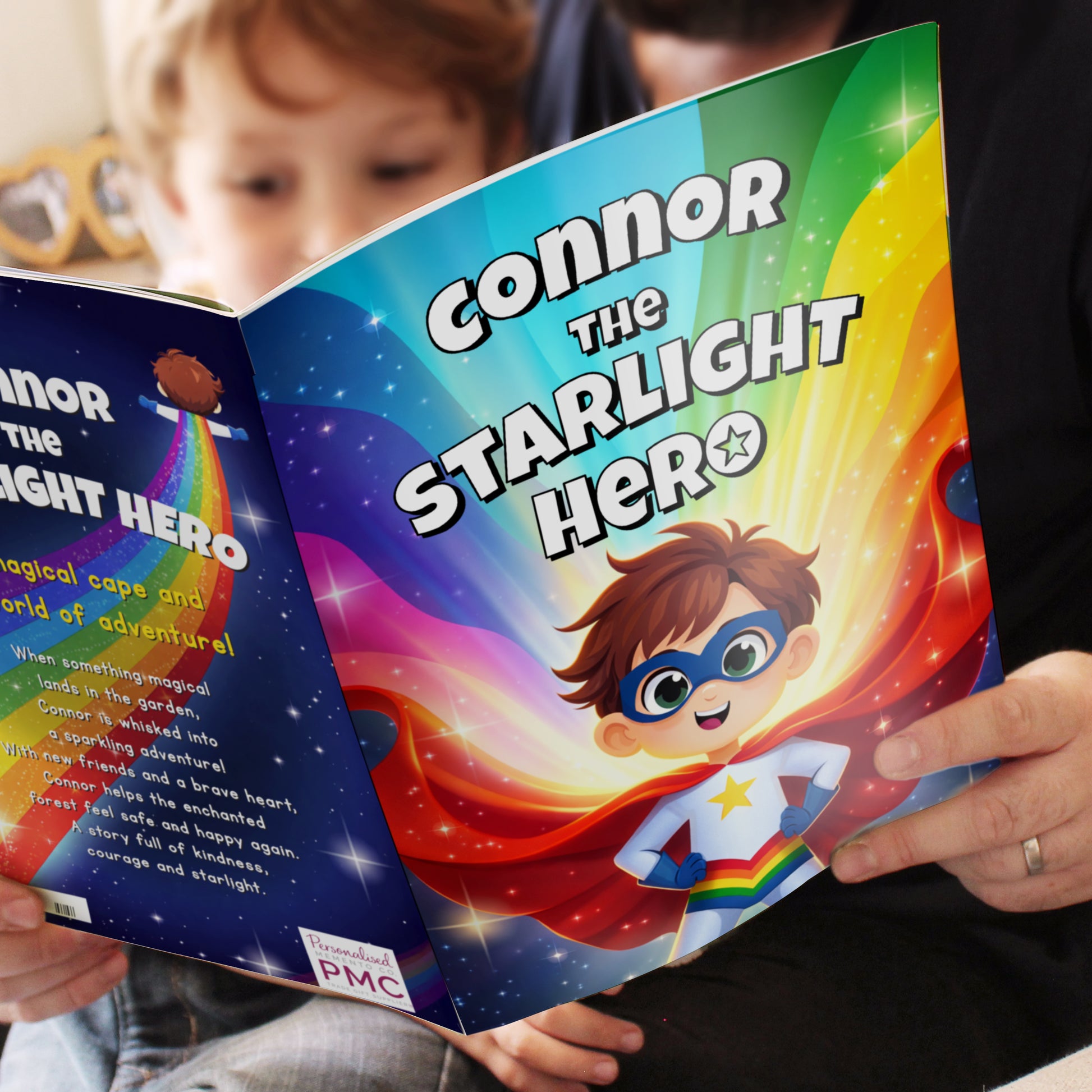 Children's book titled 'Connor the Starlight Hero' being read to a child.