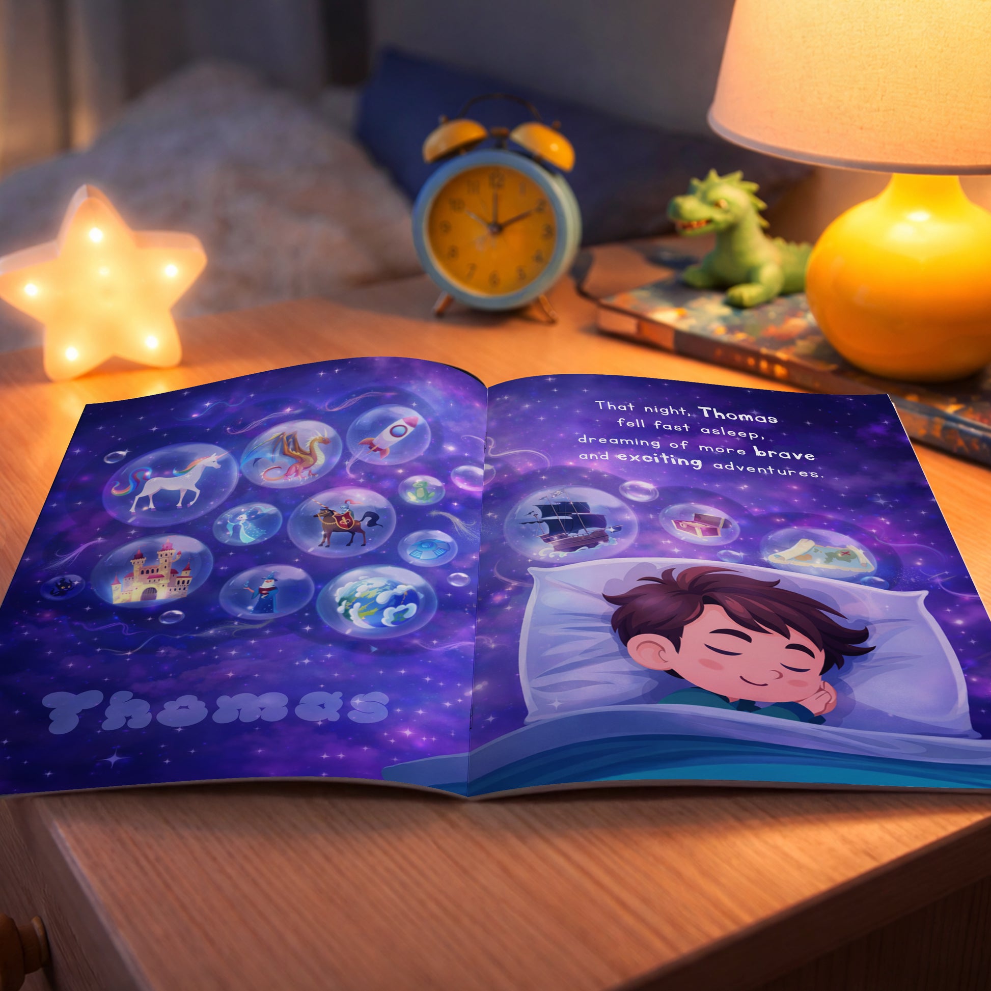 Children's book open on a nightstand with a lit lamp and alarm clock in the background