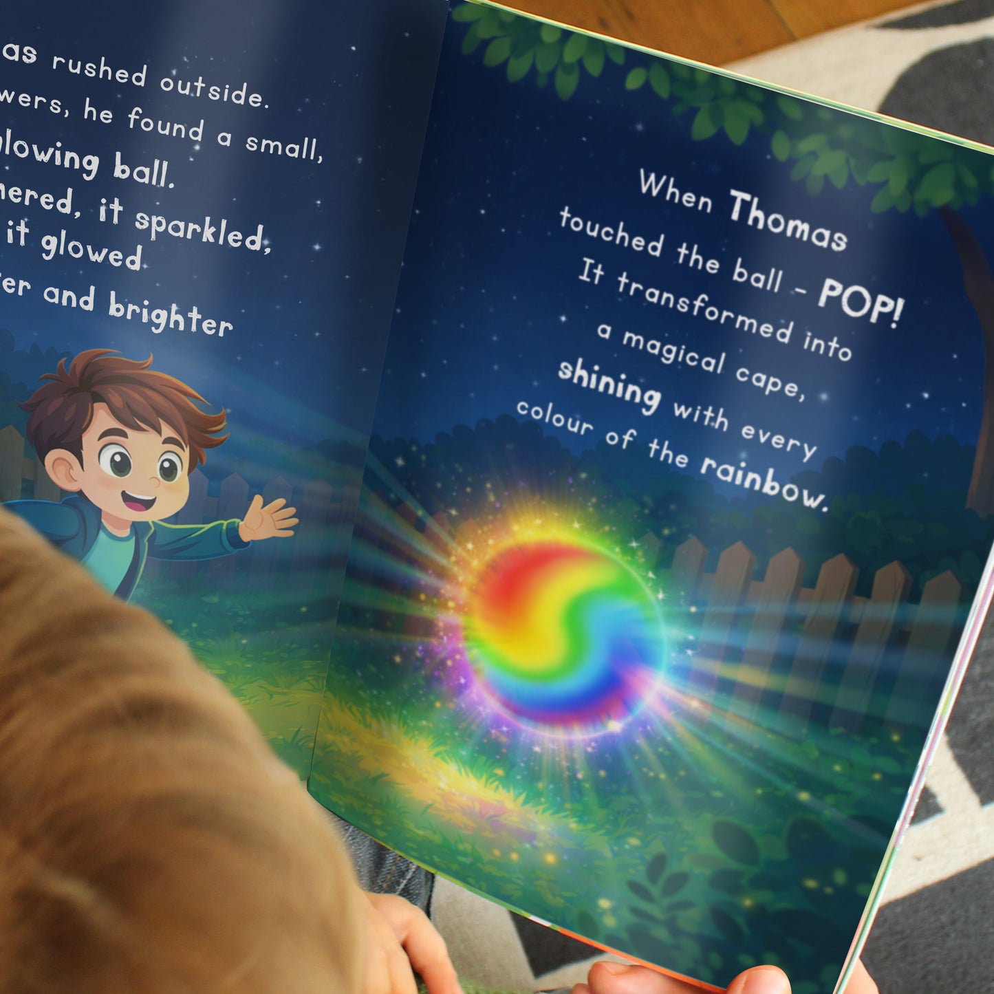 Child reading a book with a colorful rainbow ball and boy illustration
