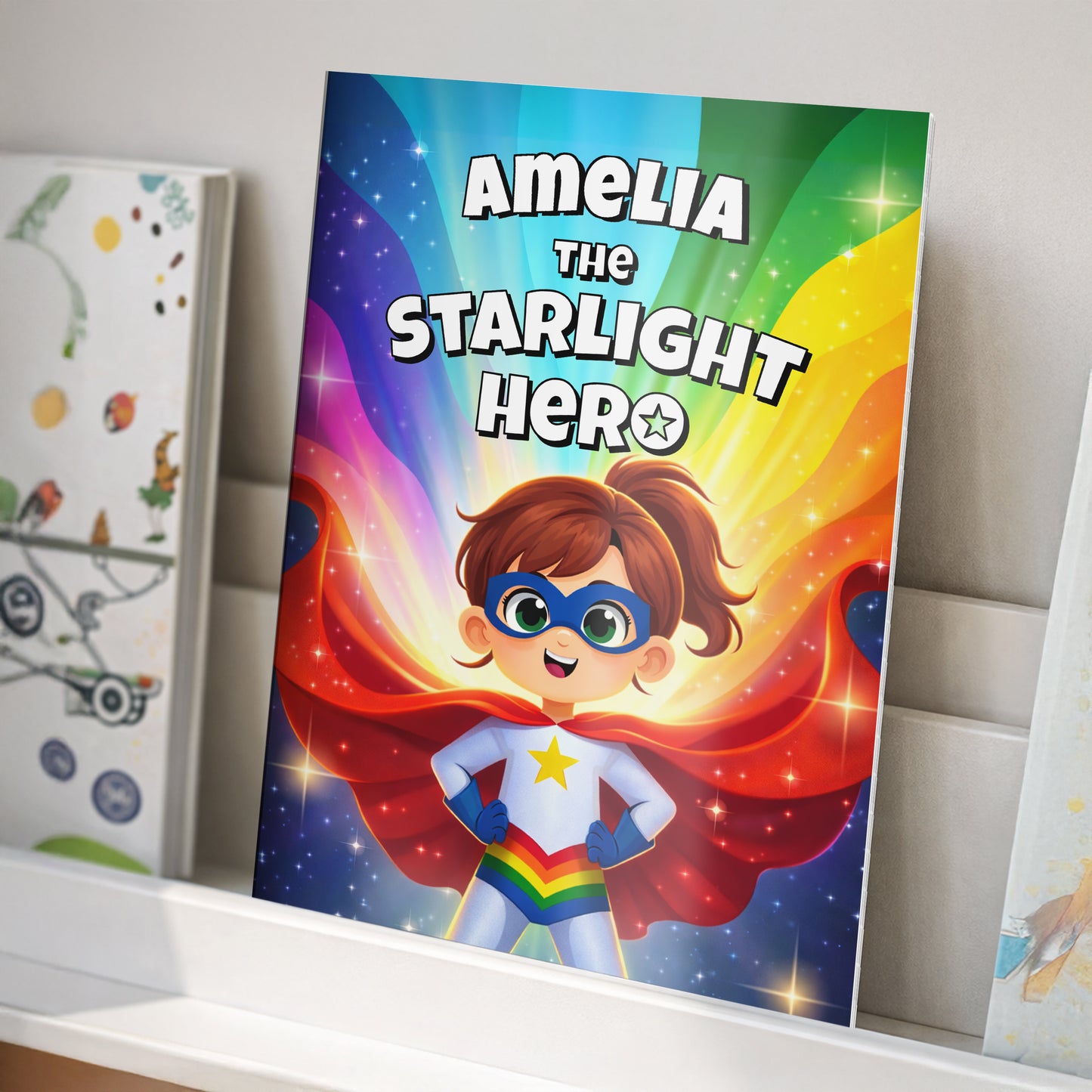 Children's book titled 'Amelia the Starlight Hero' with a colorful cover featuring a superhero character.