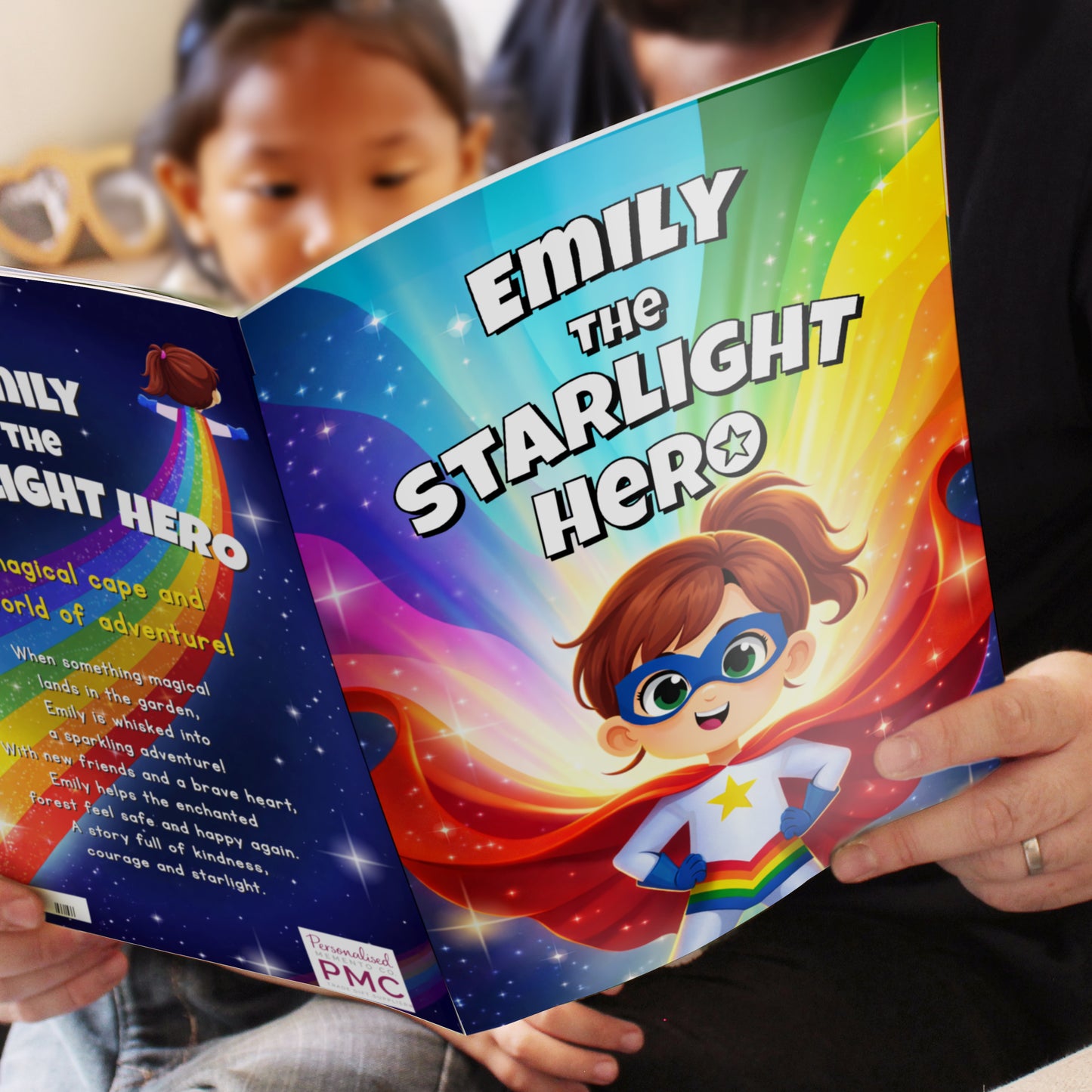 Children's book titled 'Emily the Starlight Hero' being held open by a person.