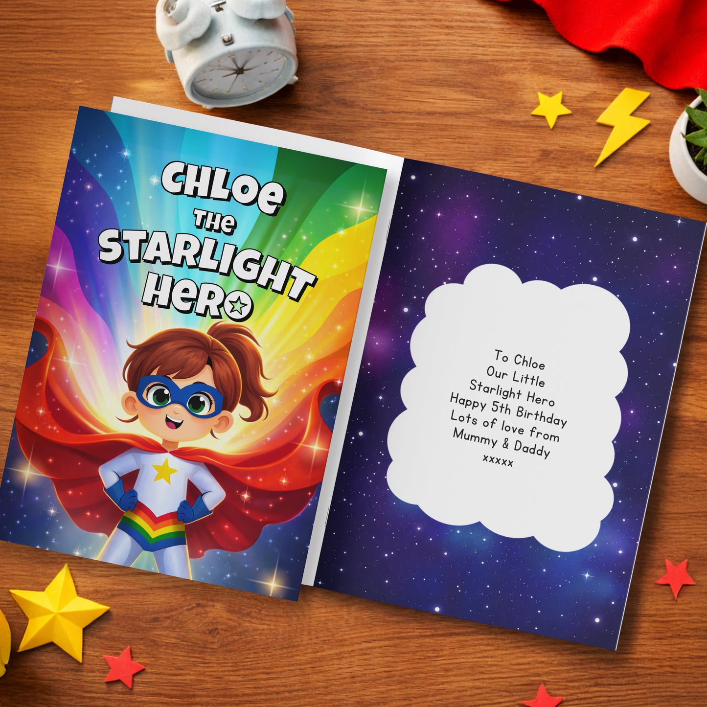 Personalised children's book titled 'Chloe the Starlight Hero' on a wooden surface with star decorations.