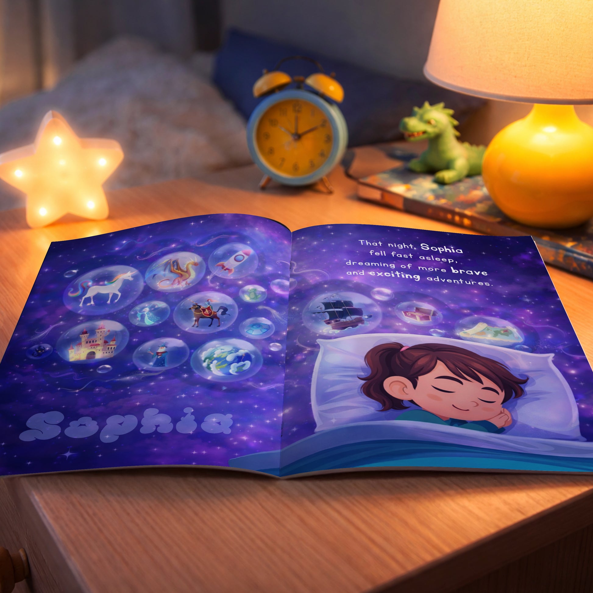 Children's book open on a nightstand with a lit lamp and clock in the background