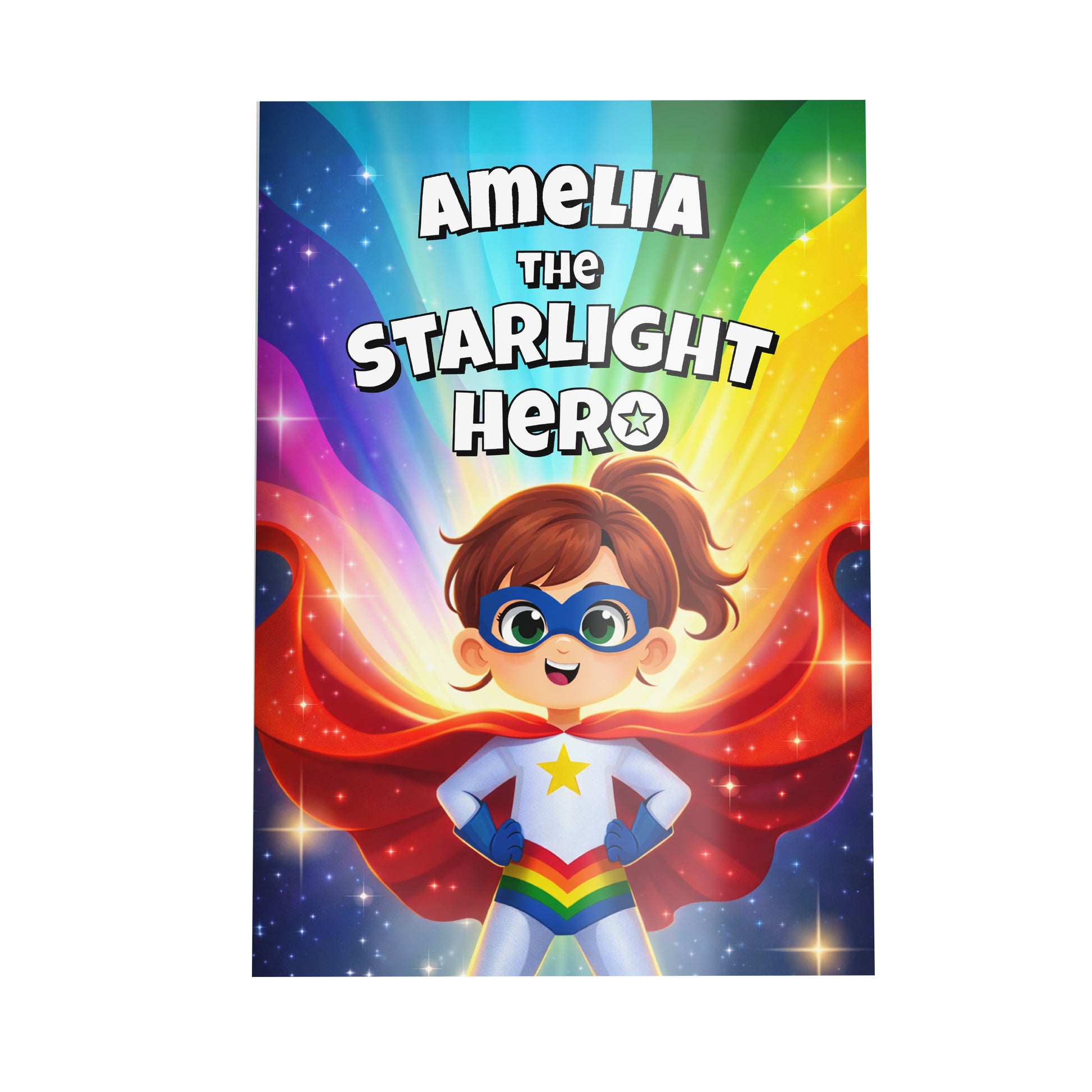 Book cover of 'Amelia the Starlight Hero' with a superhero character and rainbow colors.