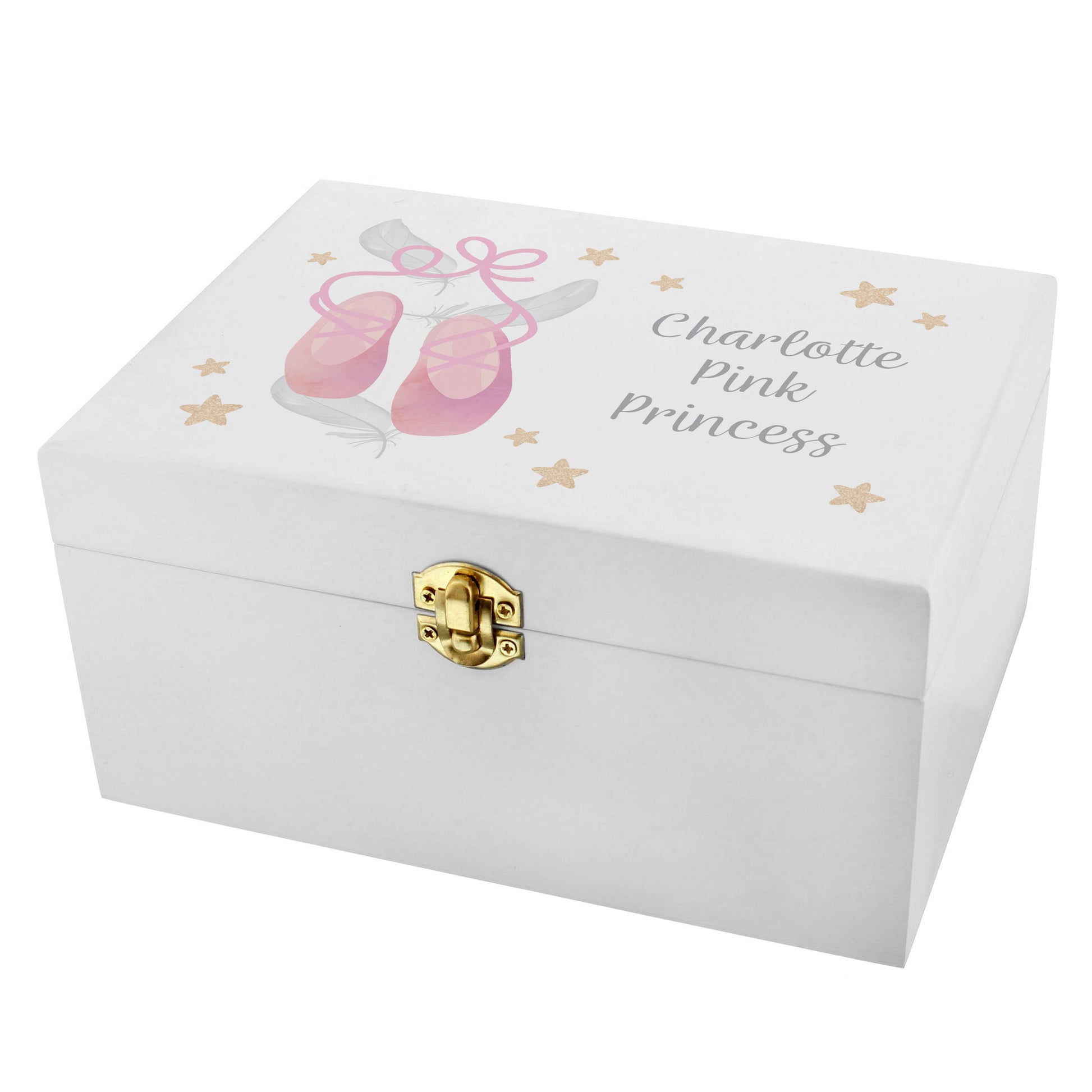 White jewelry box with pink ballet shoes and 'Charlotte Pink Princess' text on a white background