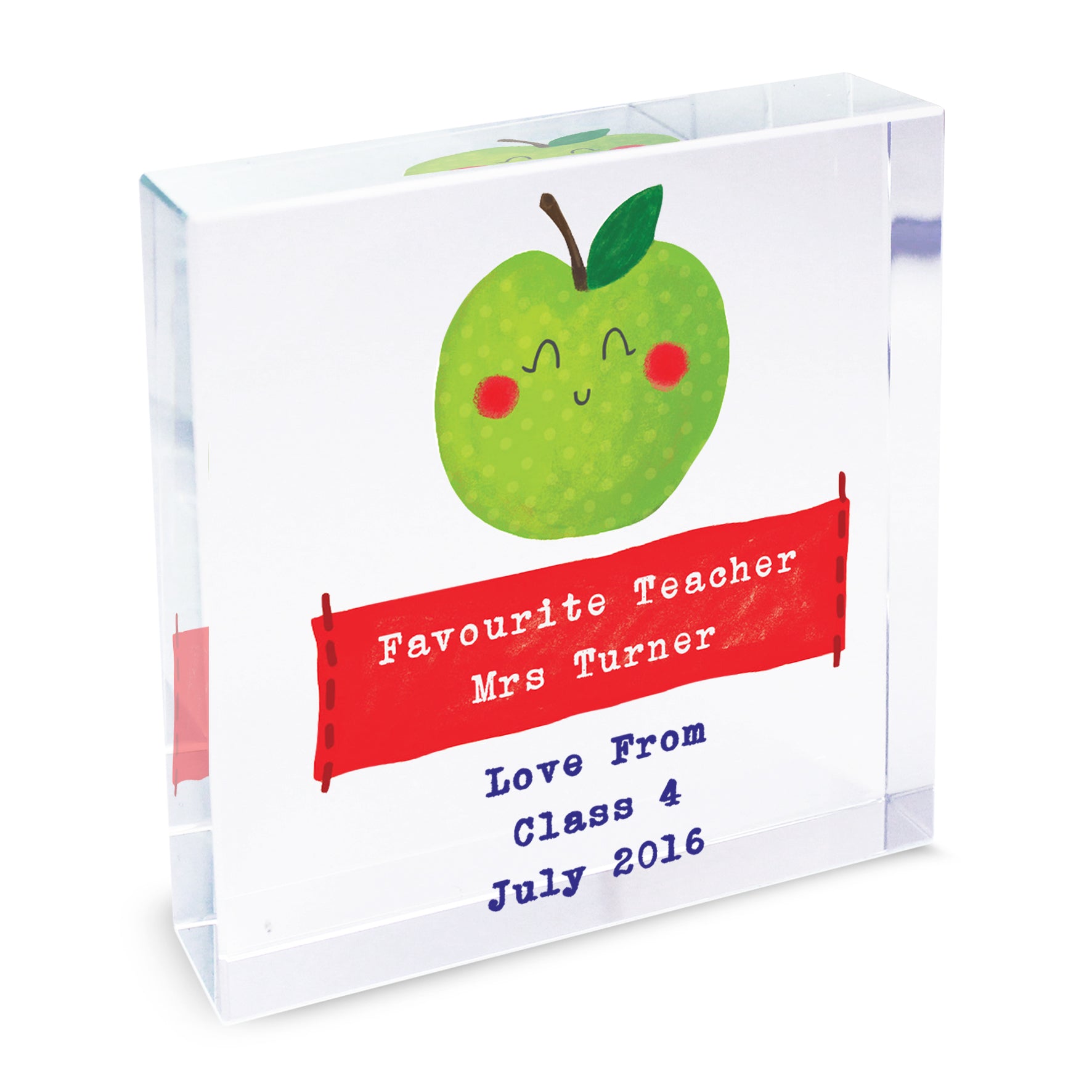 Personalised gift for a teacher with a cartoon apple and text on a white background