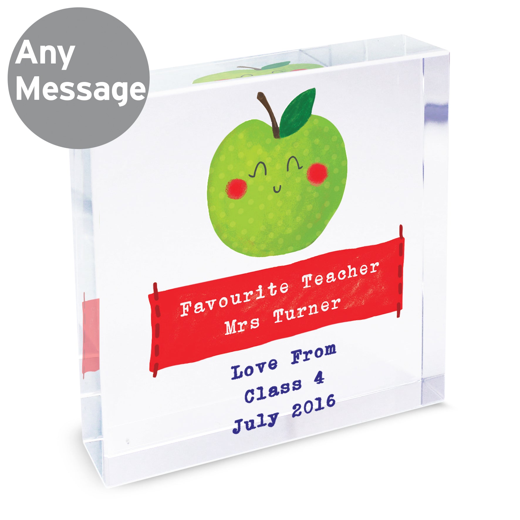 Personalised gift for a teacher with a cartoon apple and customisable text on a white background