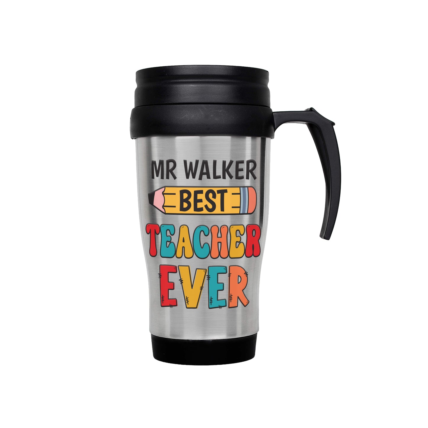 Silver travel mug with black handle and colorful text on a white background
