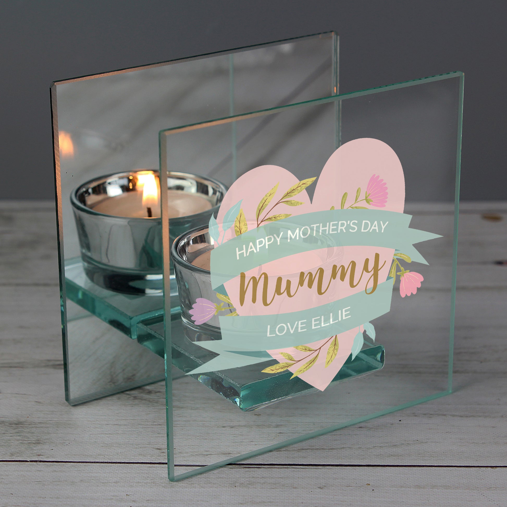 Personalised Mother's Day Tealight Holder shown with lit tealight.