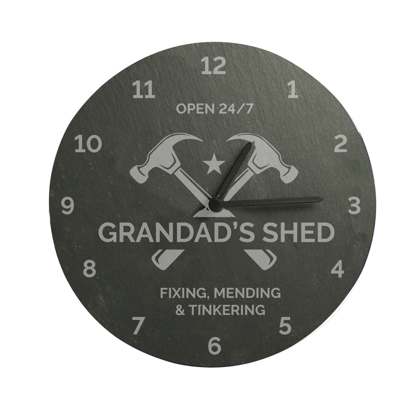 Wall clock with 'Grandad's Shed' text and tools design on a white background