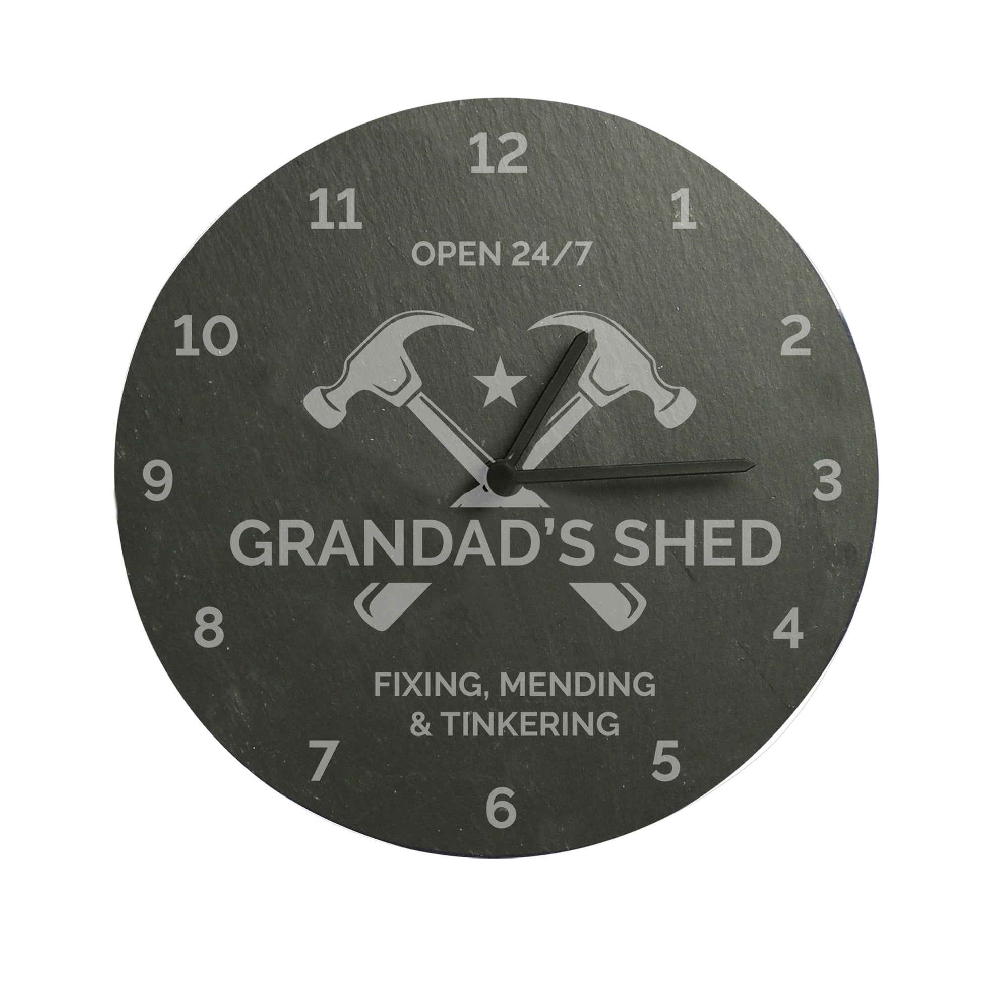 Wall clock with 'Grandad's Shed' text and tools design on a white background