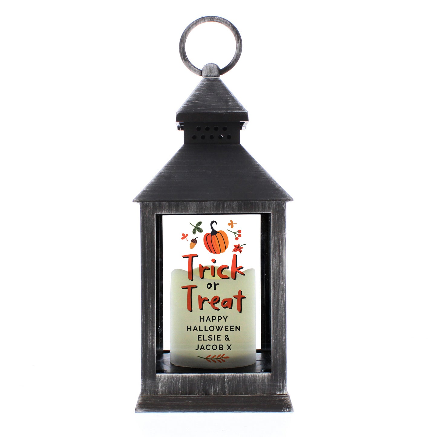 Black lantern with a 'Trick or Treat' candle inside on a white background