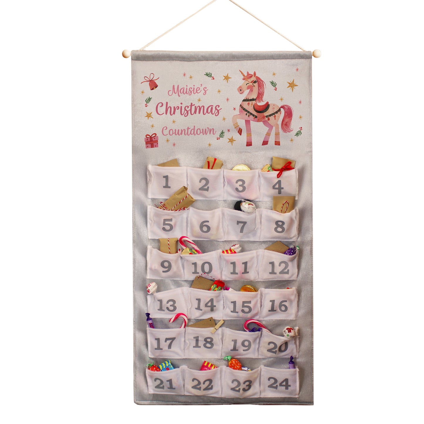 Christmas countdown calendar with unicorn design on a white background