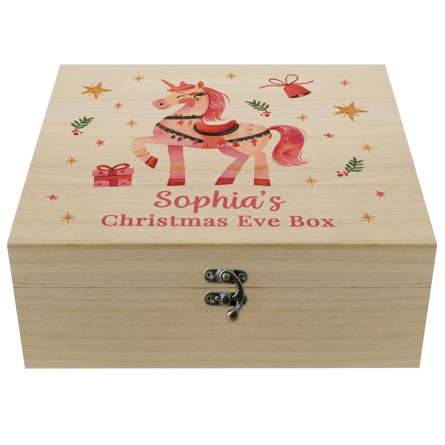 Wooden Christmas Eve Box shown on a white background. Text reads Sophia's Christmas Eve Box.