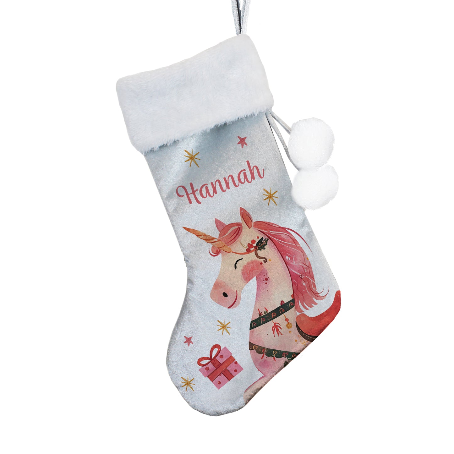 Personalised Christmas stocking with a unicorn design and the name 'Hannah'.