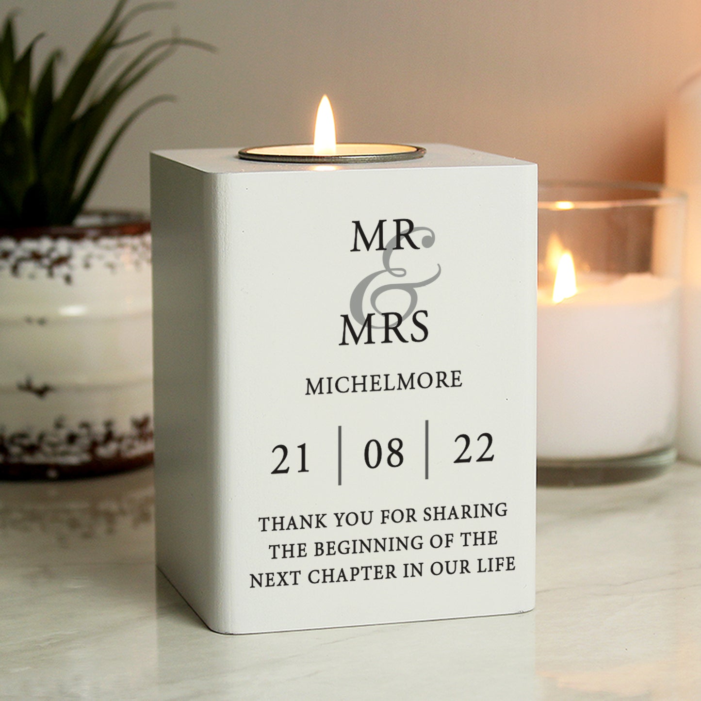 Personalised Couples White Wooden Tea Light Holder