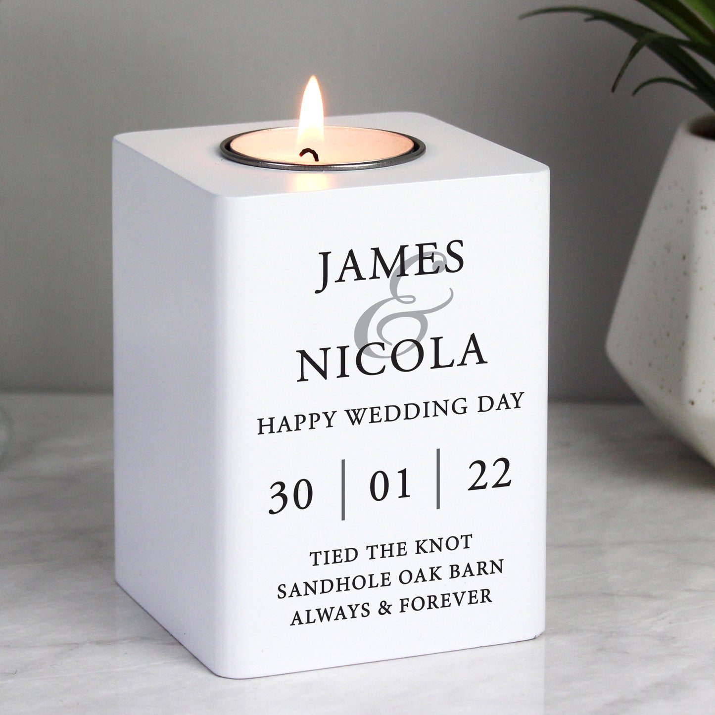 Personalised Couples White Wooden Tea Light Holder