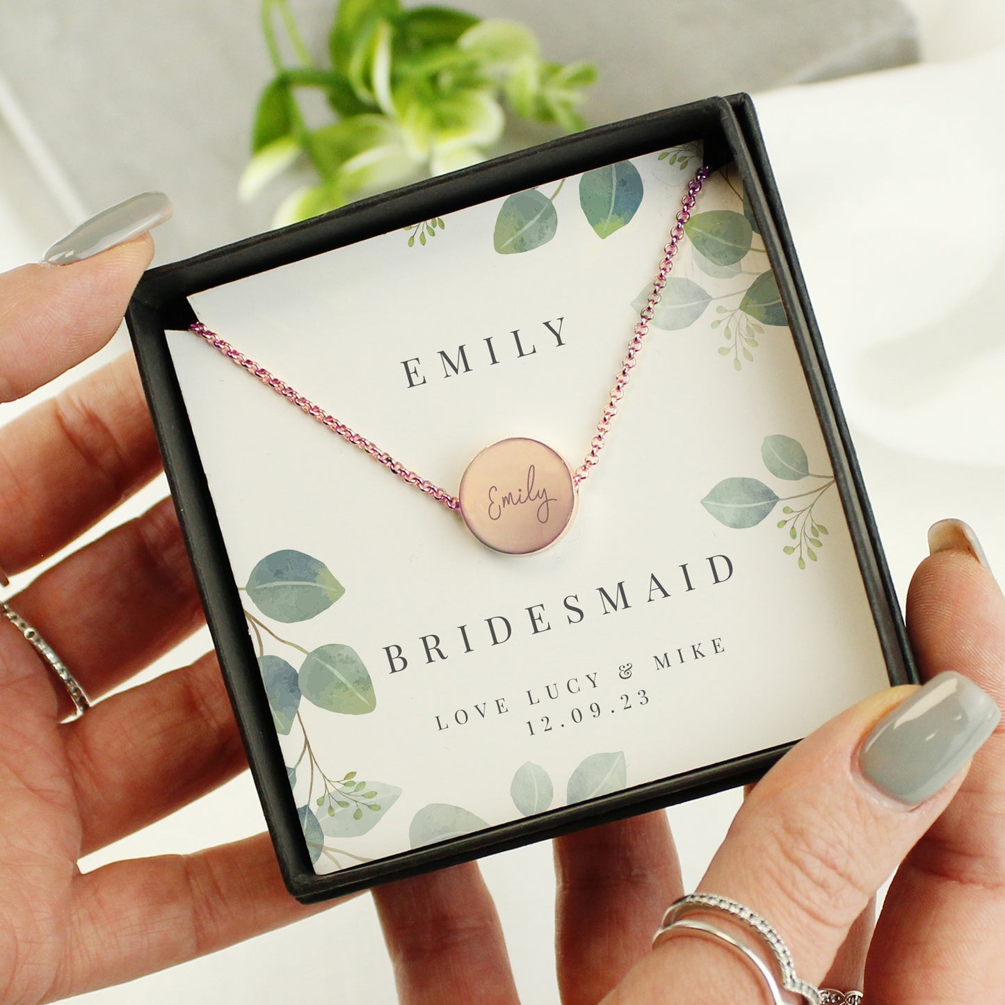 Personalised Botanical Sentiment Rose Gold Tone Necklace & Box