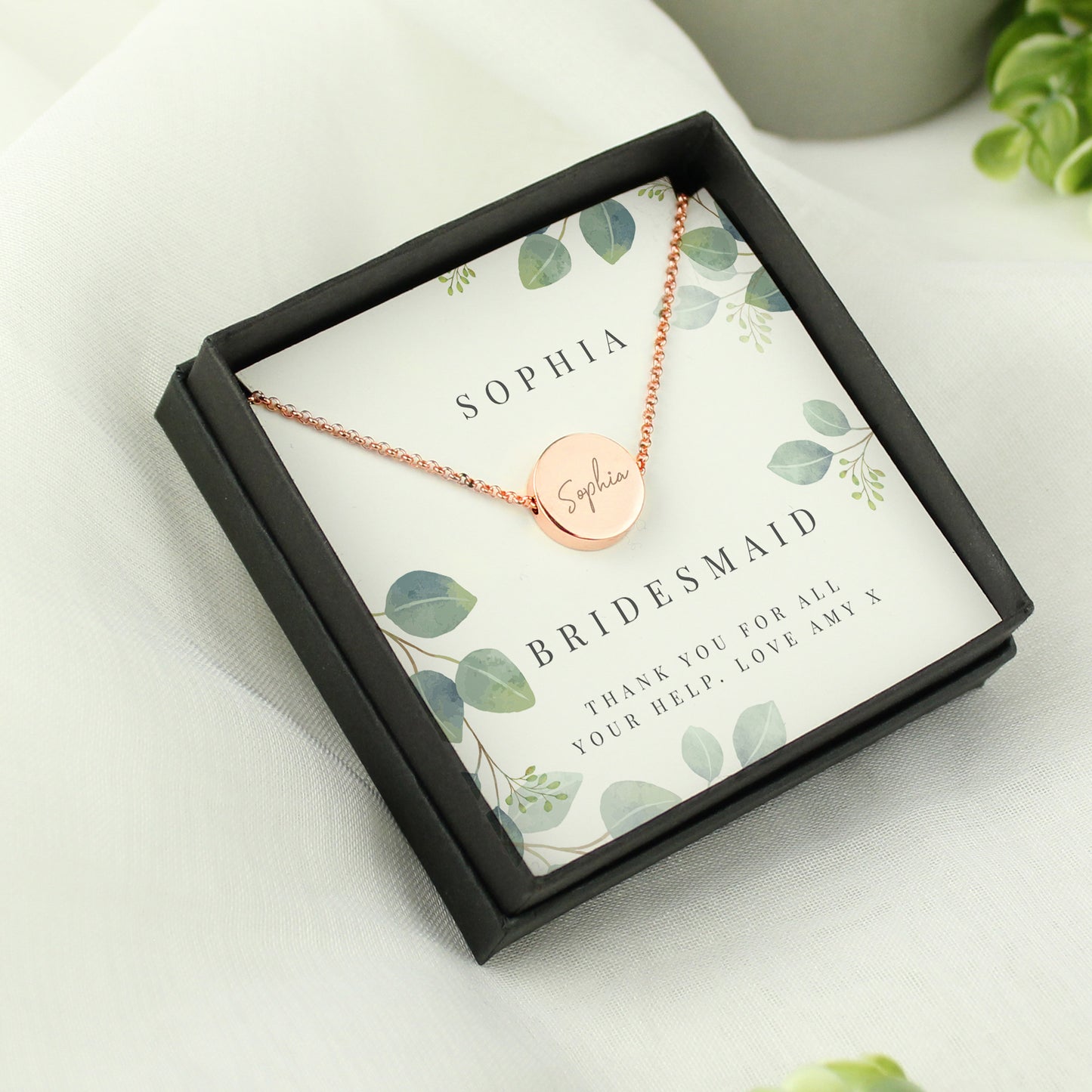 Personalised Botanical Sentiment Rose Gold Tone Necklace & Box