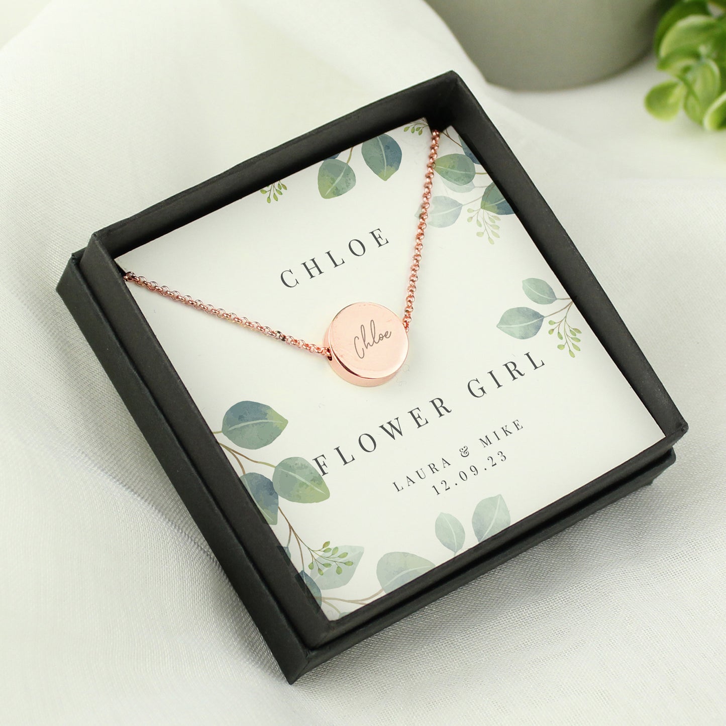 Personalised Botanical Sentiment Rose Gold Tone Necklace & Box