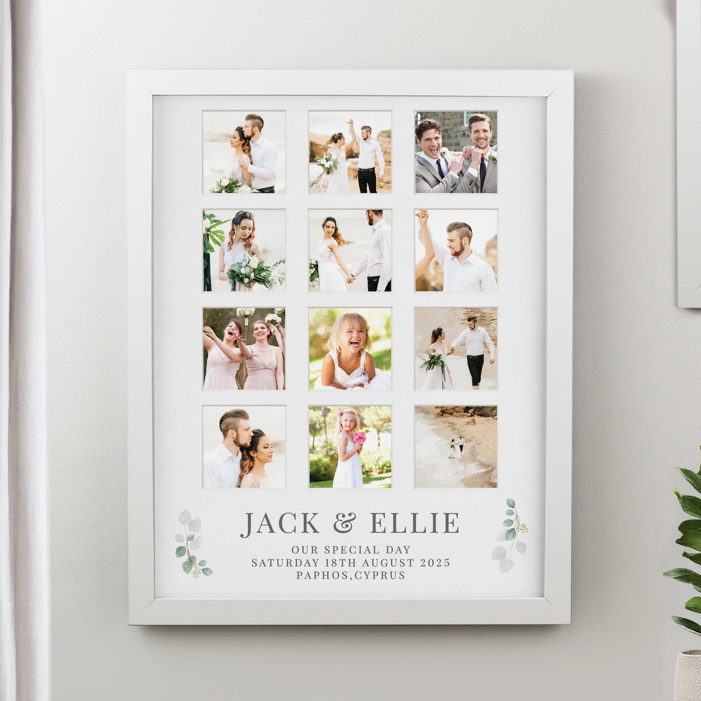 Framed collage of photos with 'Jack & Ellie' text on a white wall.