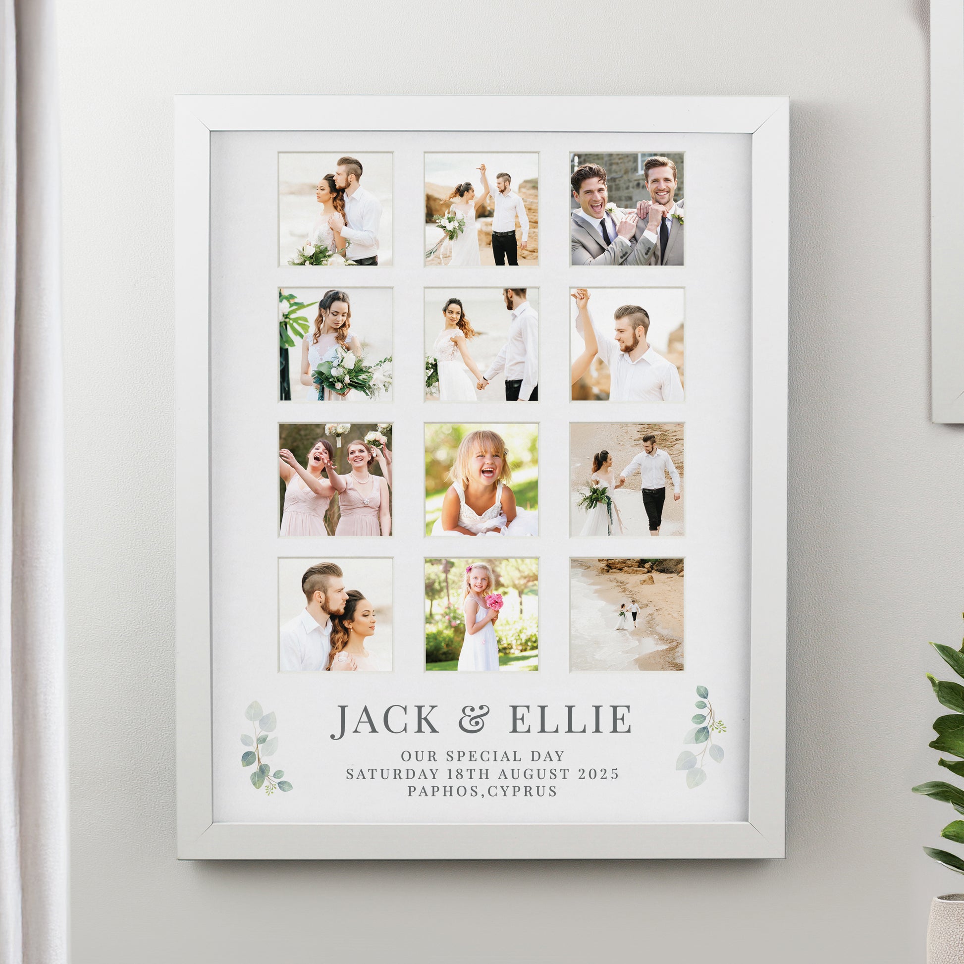 Framed collage of photos with 'Jack & Ellie' text on a white wall.