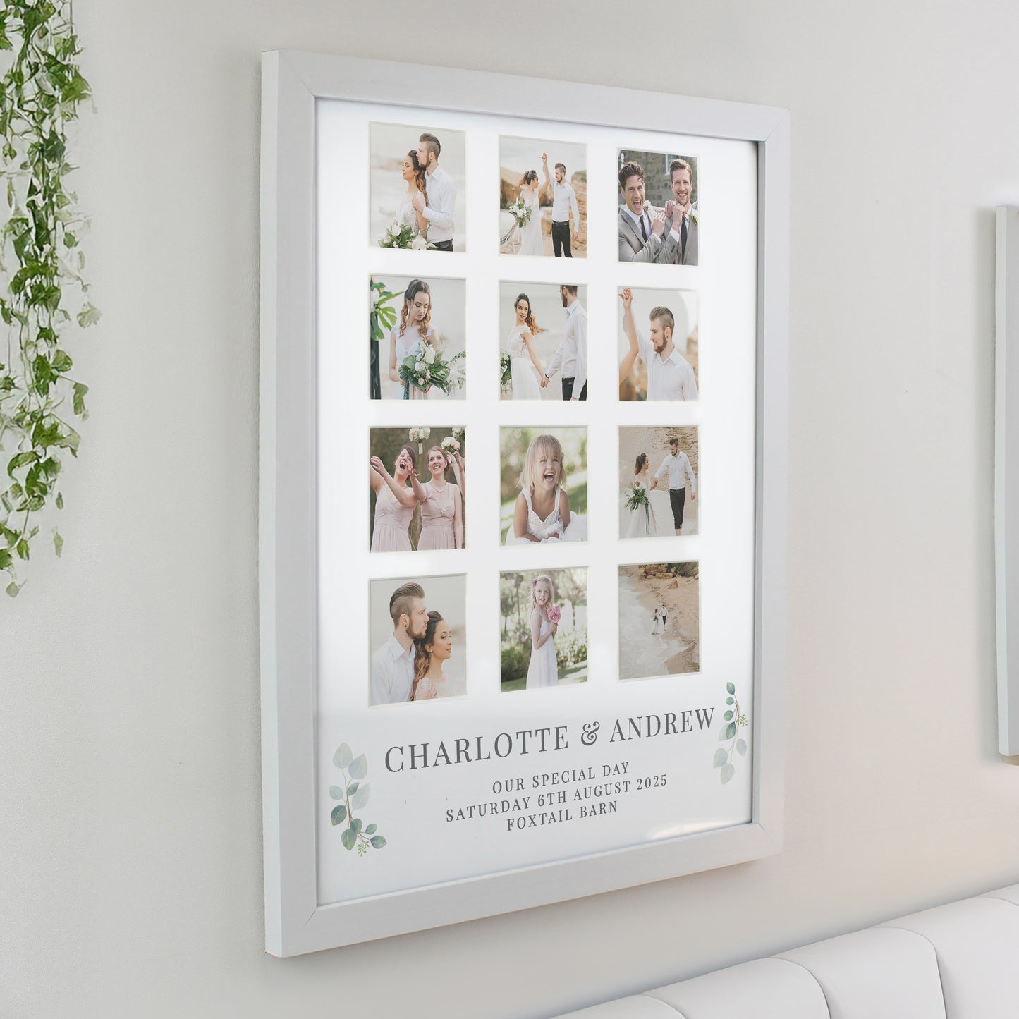 White framed collage of wedding photos with 'Charlotte & Andrew' text on a light gray wall.
