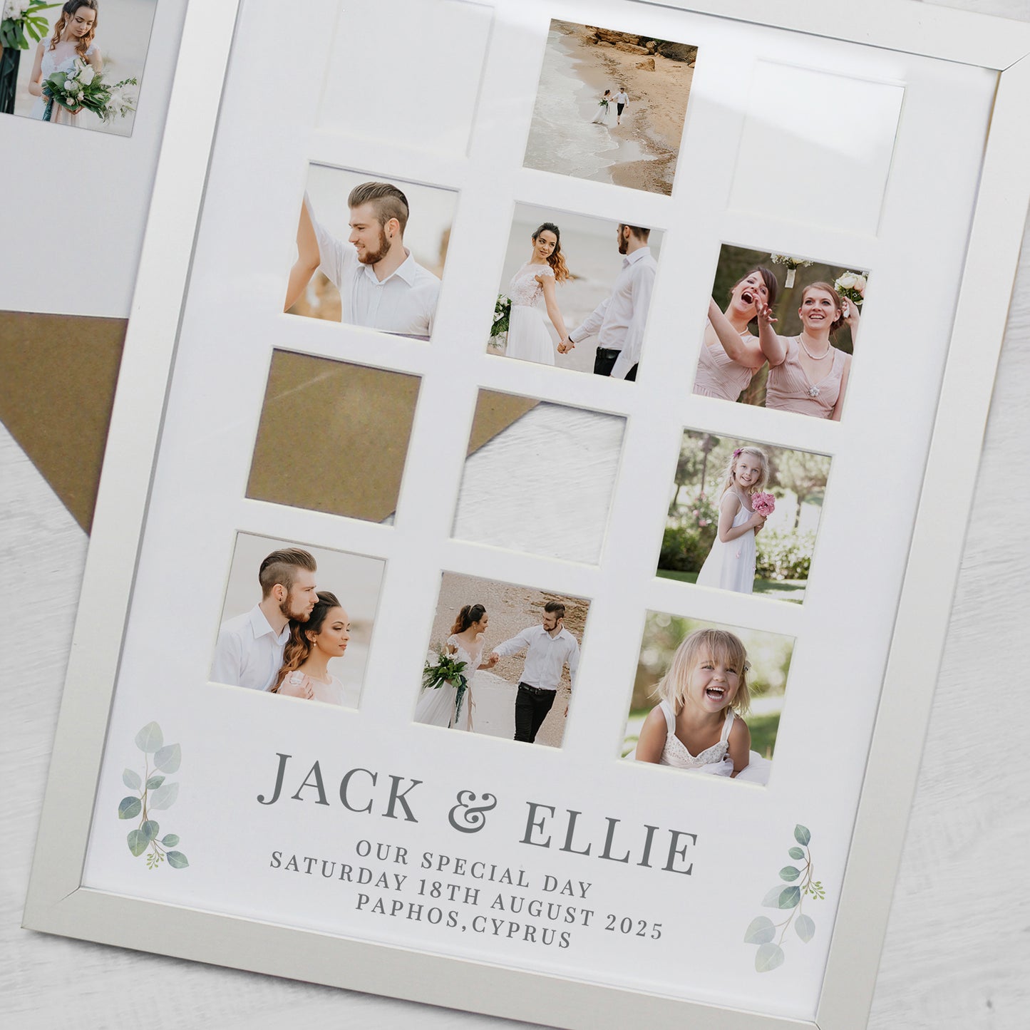 Personalised photo collage with names 'Jack & Ellie' and wedding details on a white background.