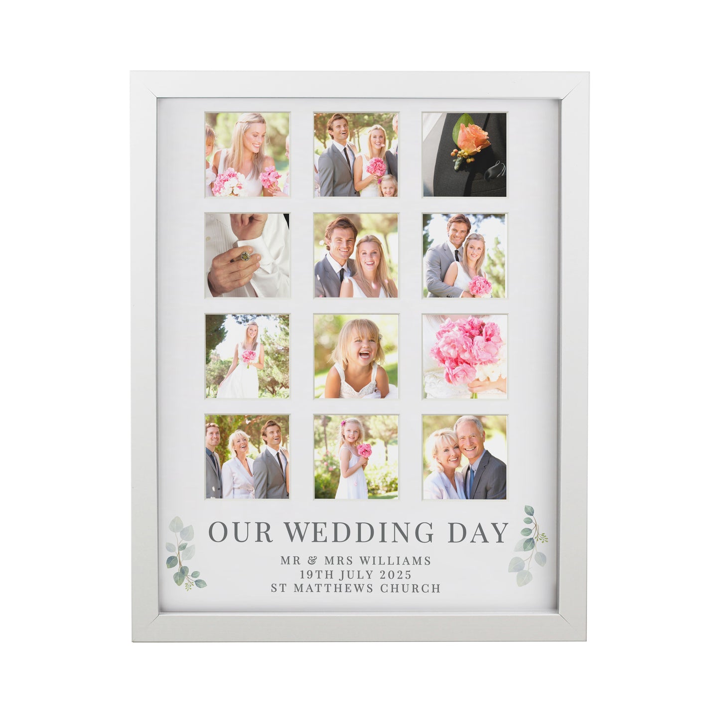 Personalised wedding photo collage frame with multiple photos and text.
