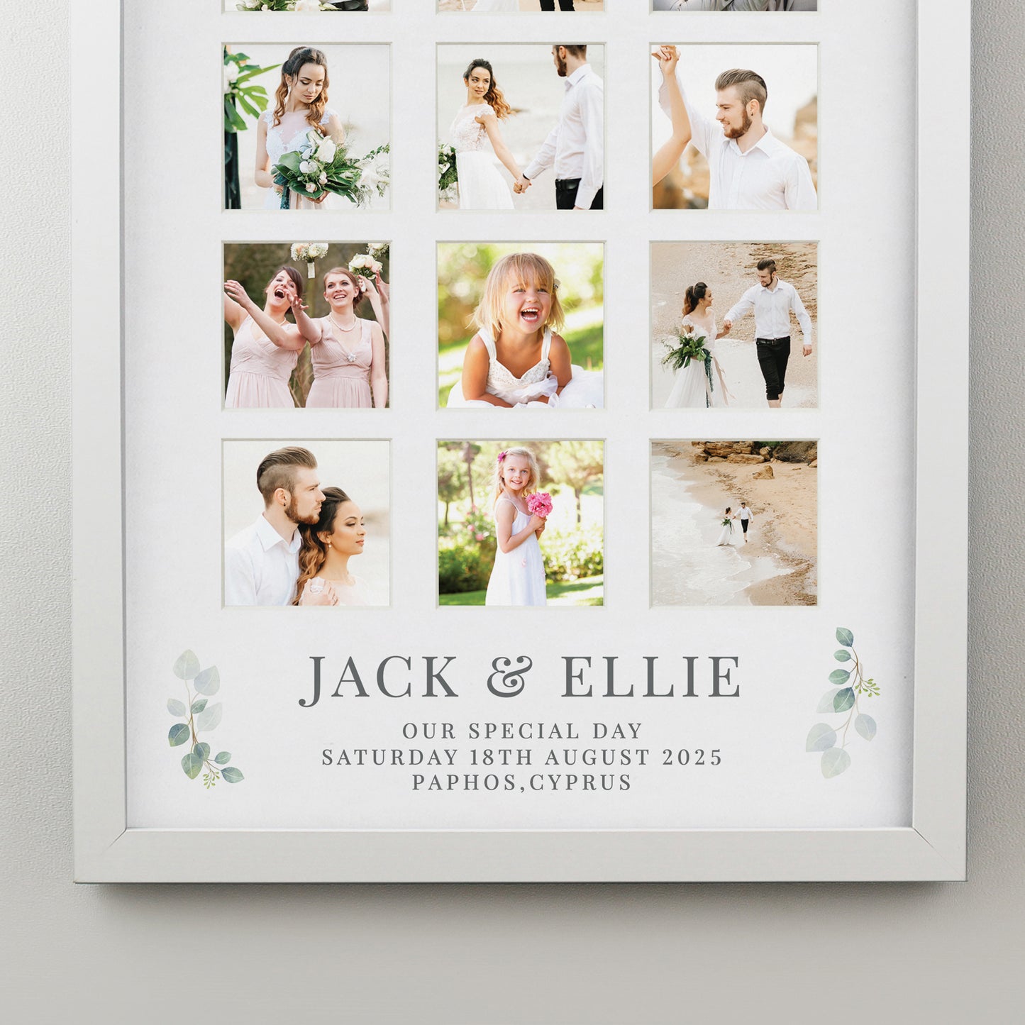Framed collage of photos with 'Jack & Ellie' text on a white wall