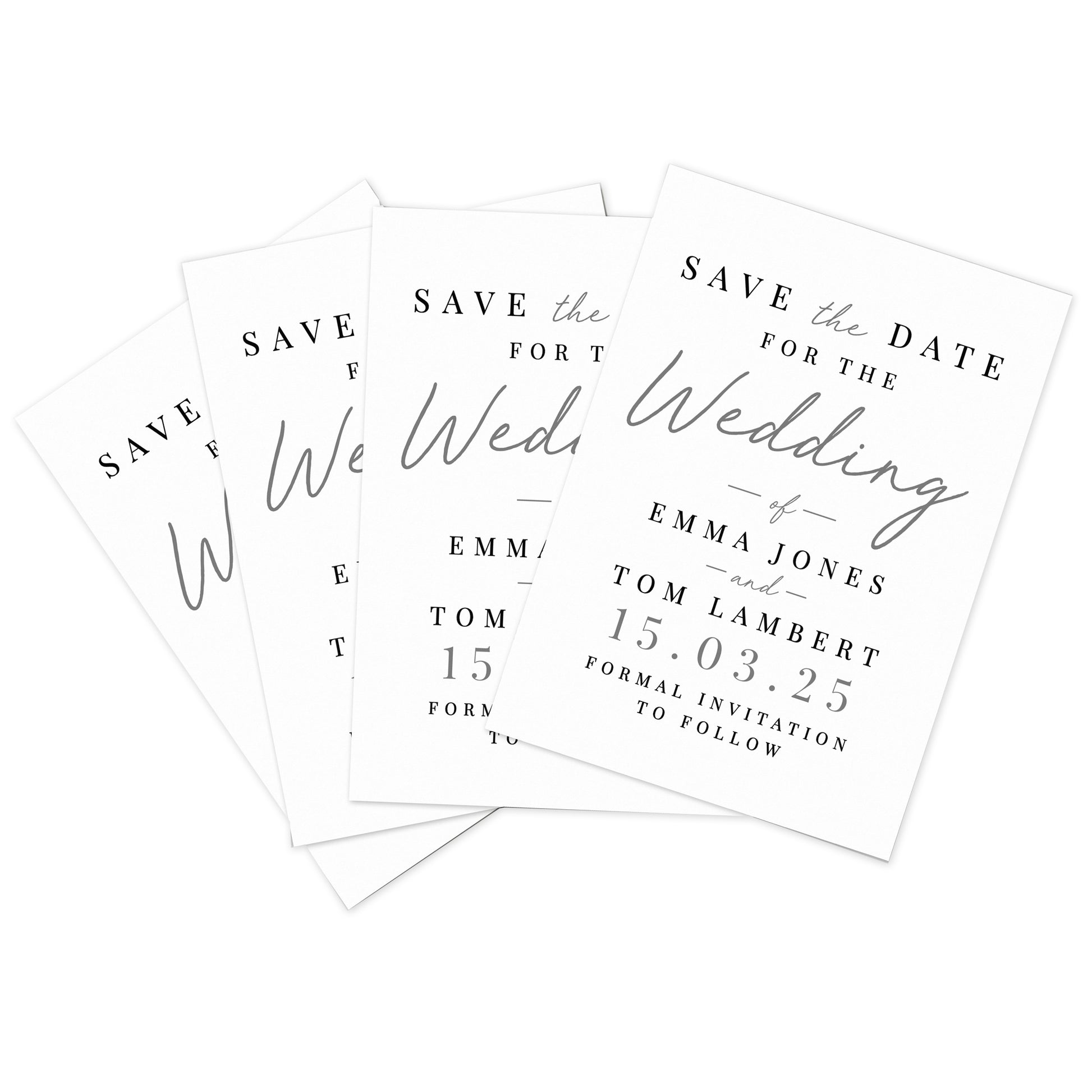 Three 'Save the Date' cards for a wedding on a white background