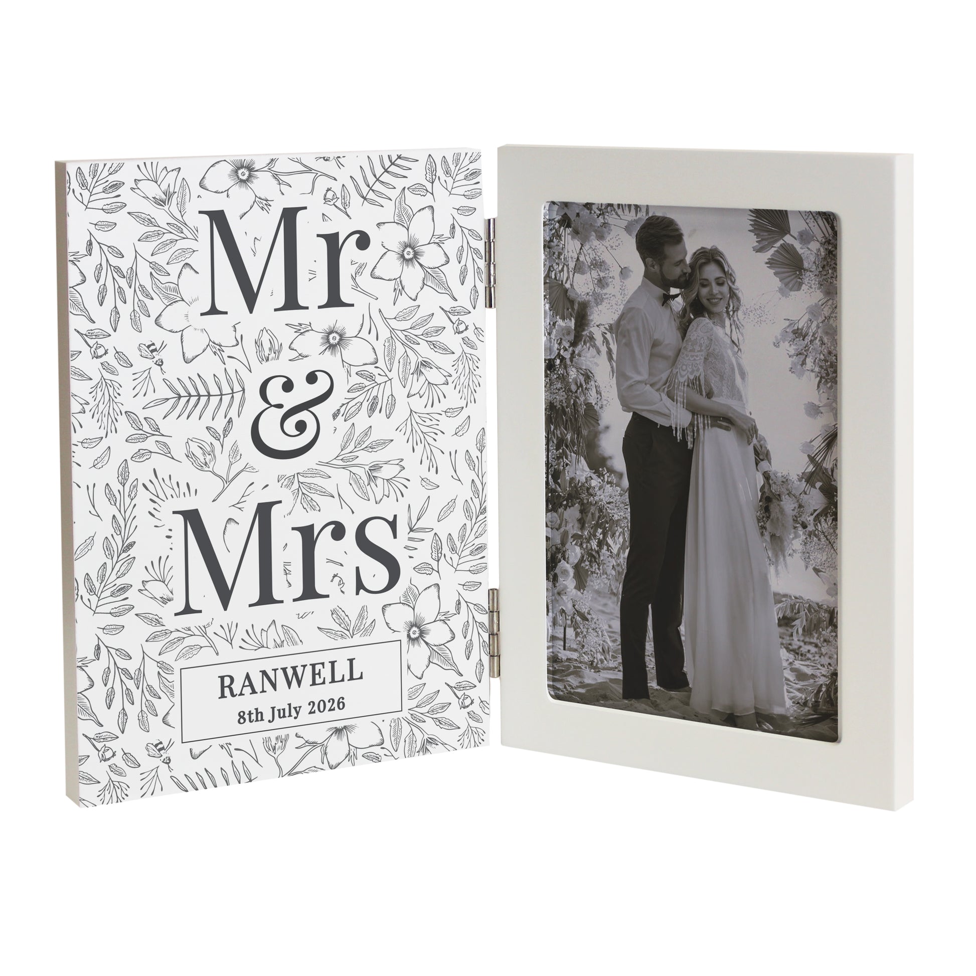 Decorative photo frame with 'Mr & Mrs' design and a photo of a couple on a white background