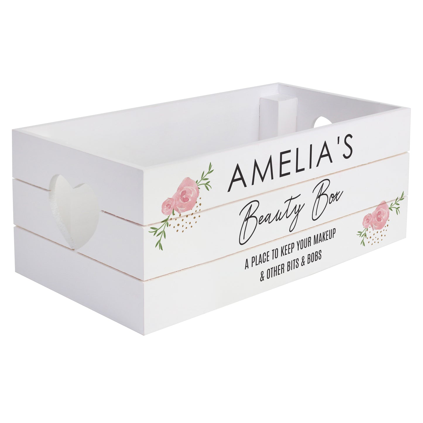 White wooden storage crate with pink rose design on the corners. Heart shaped cut out handles. Shown on a white background.