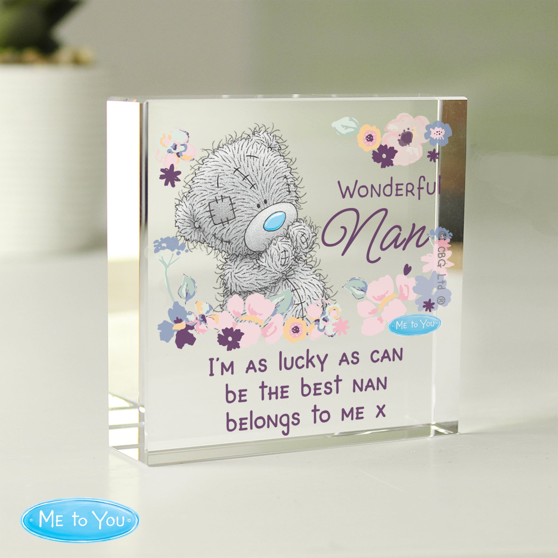Glass plaque with teddy bear design and floral elements, featuring text 'Wonderful Nan' and 'Me to You' branding.