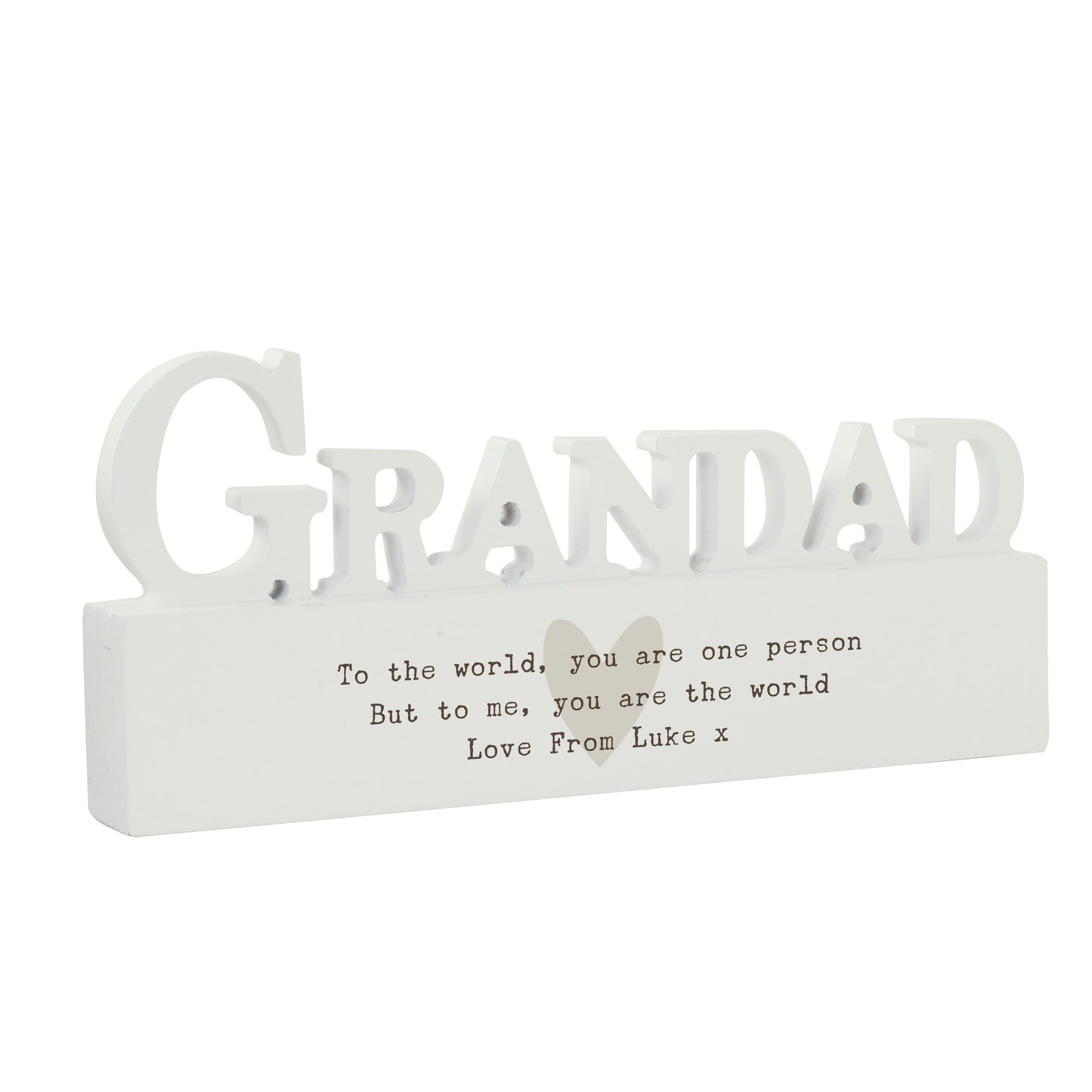 White decorative sign with 'GRANDAD' and a message on a white background
