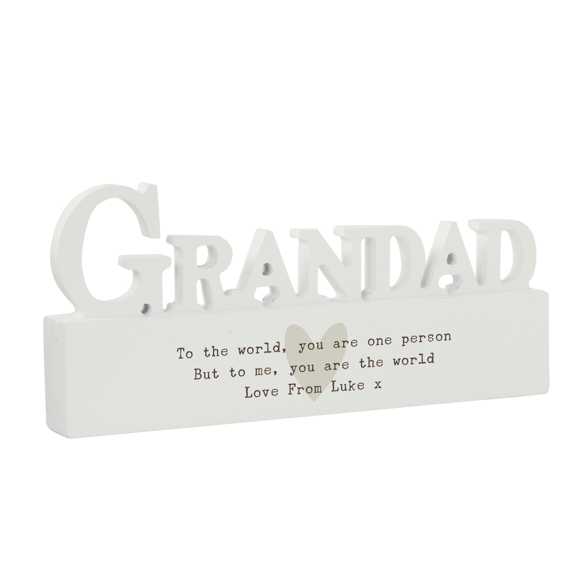 White decorative sign with 'GRANDAD' and a message on a white background
