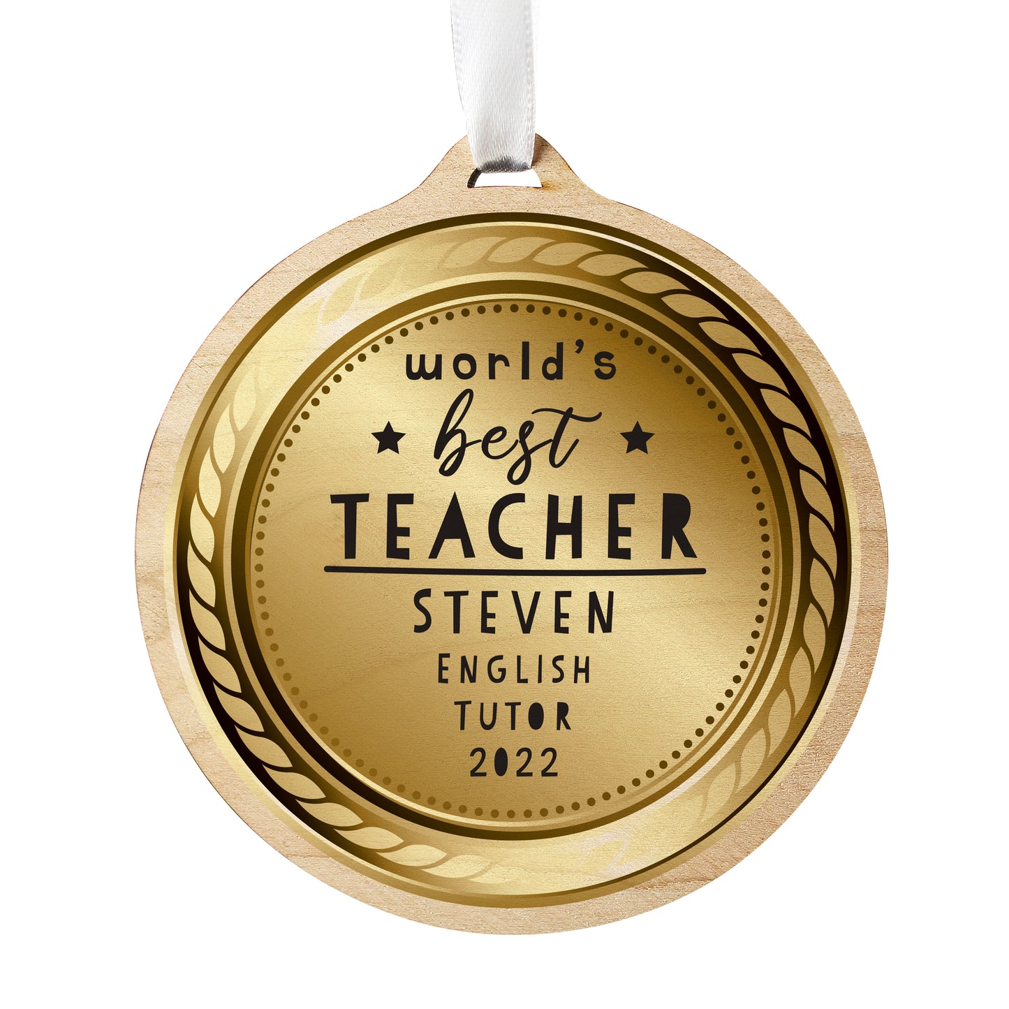 Gold medal with 'World's Best Teacher' engraving on a white background