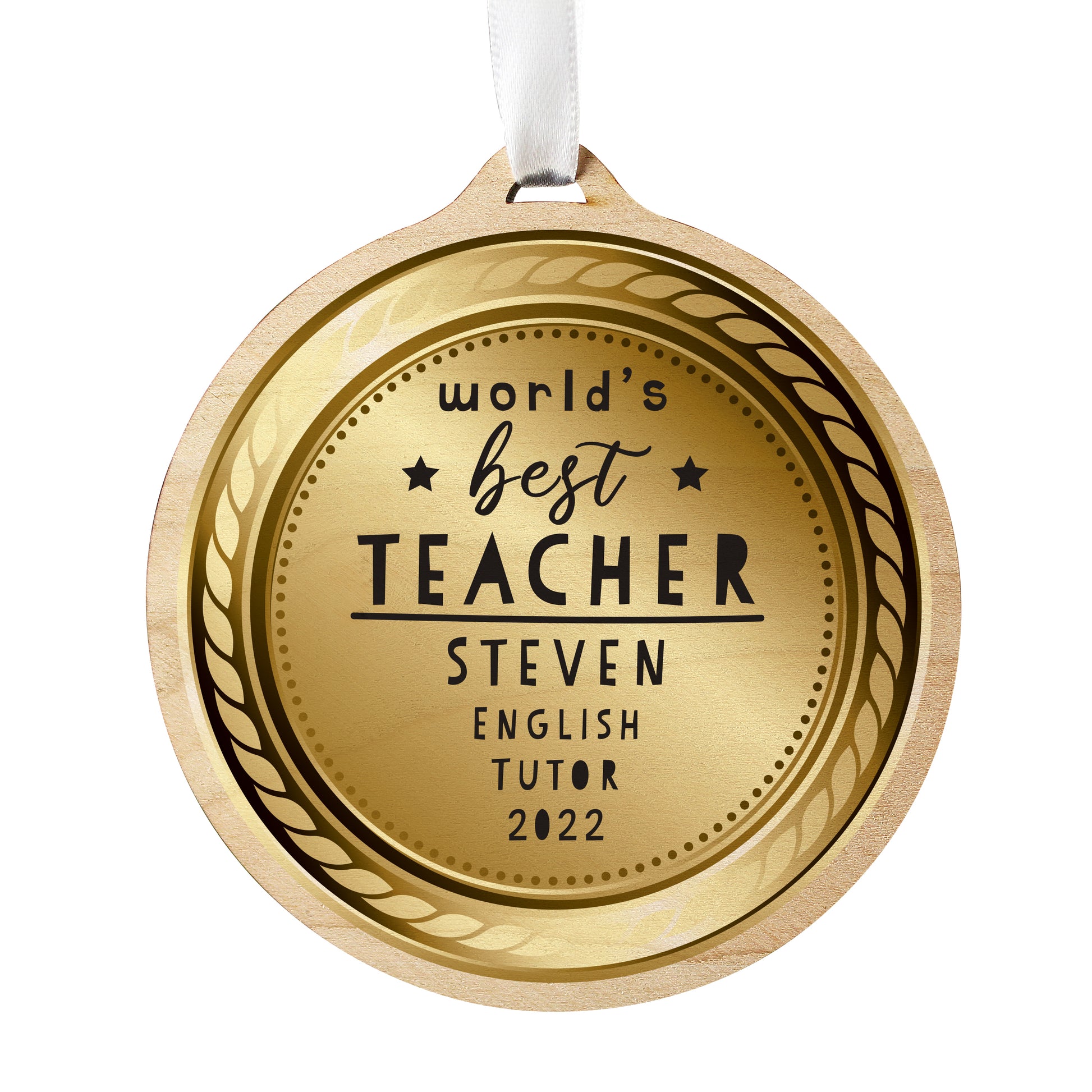 Gold medal with 'World's Best Teacher' engraving on a white background