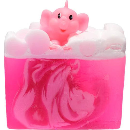 Pink Elephants and Lemonade Soap Slice from Bomb Cosmetics with litsea cubeba and mandarin essential oils. Lower layer of pink swirls with white top layer, bubbles and cute pink elephant on the top! Glycerin soap and vegan friendly.