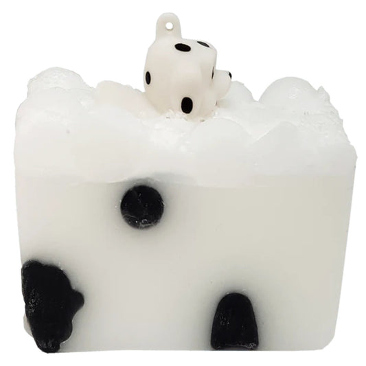 Puppy Love soap slice from Bomb Cosmetics with coconut and myrhh essential oils.White with large black spots with cute puppy at the top! Glycerin and vegan friendly.