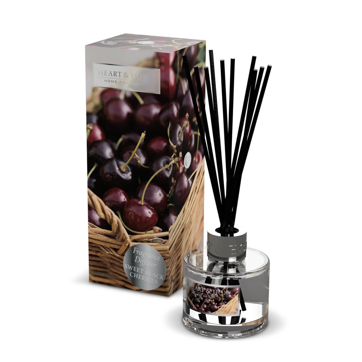 Sweet Black Cherries Reed Diffuser Displayed Alongside Matching Gift Box