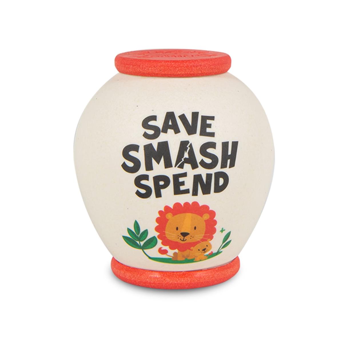 Small Smash Pot showing reverse with cute lion image and the text SAVE SMASH SPEND.