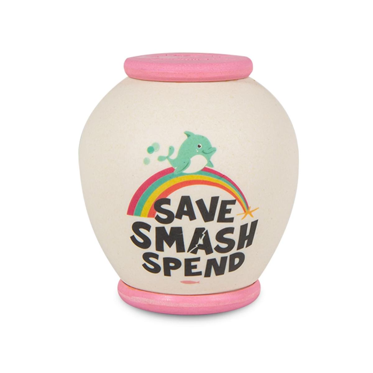 Reverse of Smash pot showing colourful image of dolphin and text reading SAVE SMASH SPEND.