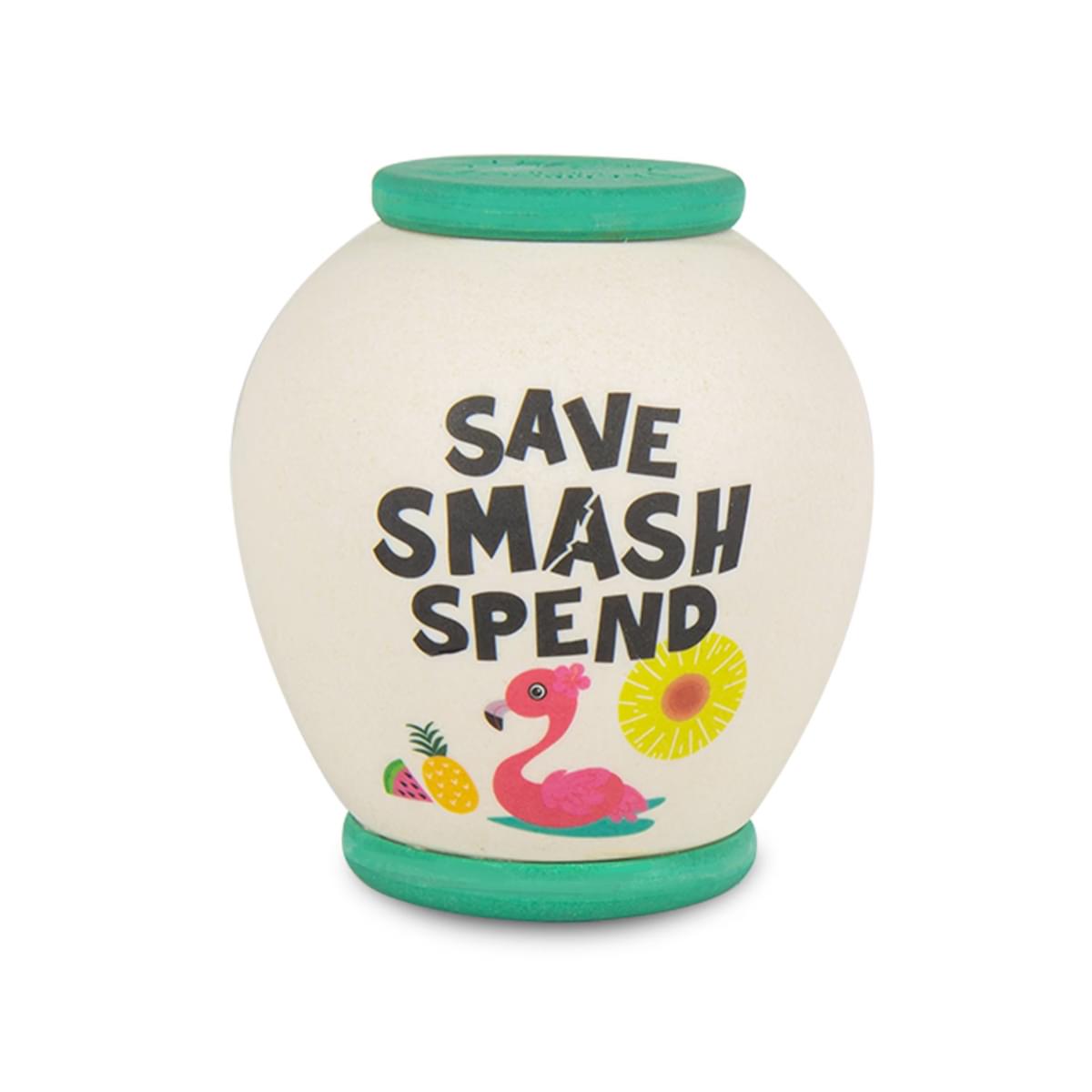 Reverse of Smash Pot with text SAVE SMASH SPEND and colourful flamingo image.